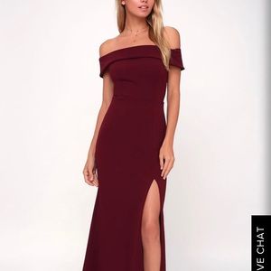 Wine colored off shoulder maxi dress